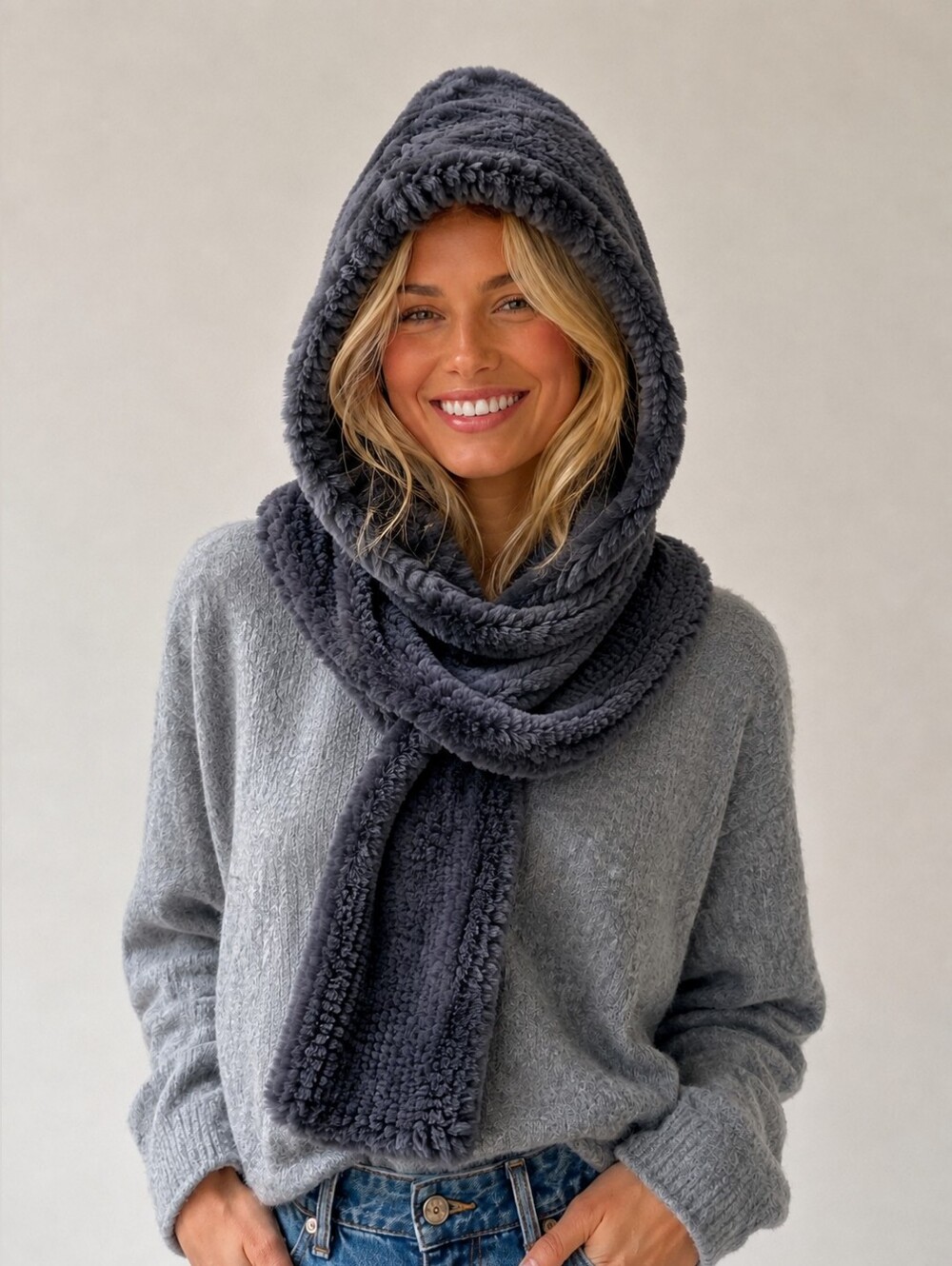 Elegant Fur Hooded Scarf - Dark Blue
